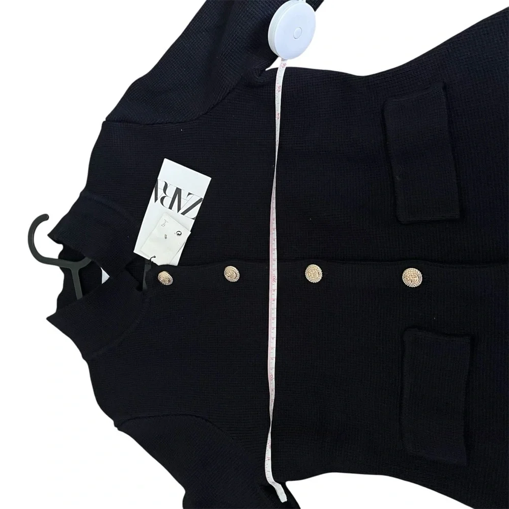 Zara Navy Blue Knit Cardigan Gold tone Button Long Sleeves Blazer style Size S - Picture 6 of 7